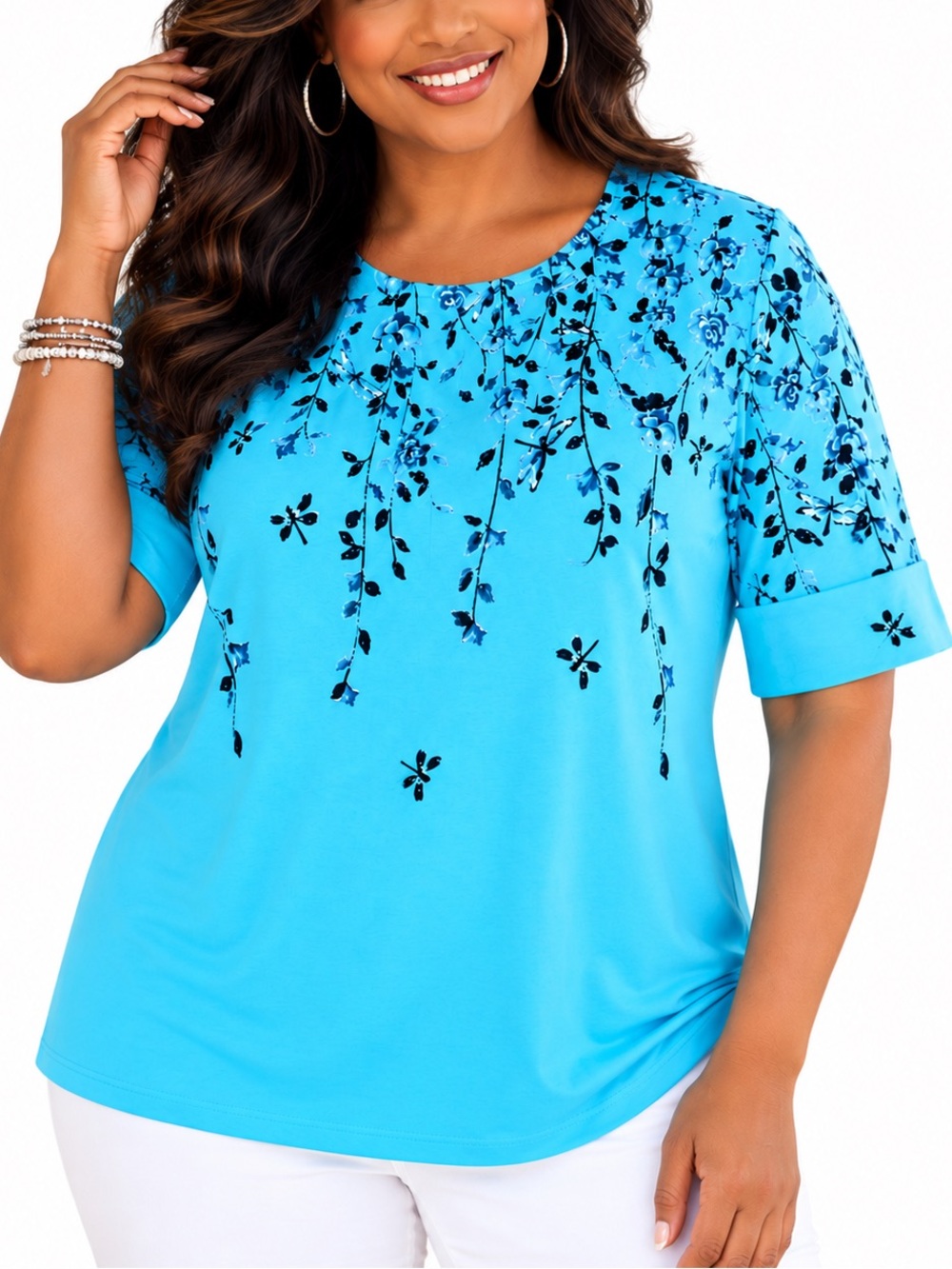 Karen Scott Ocean Breeze Floral Elbow Sleeve Top Aqua Oasis XL NWT
